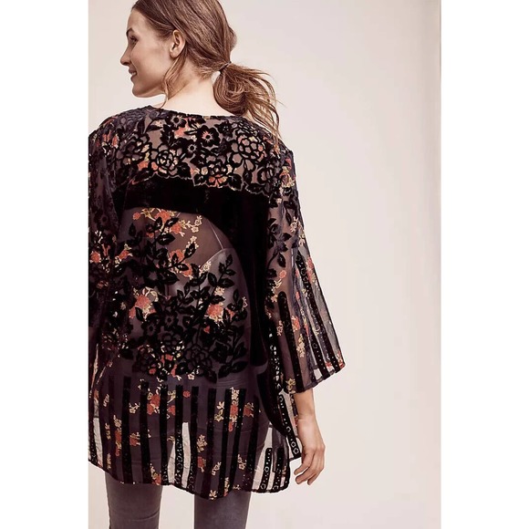 Anthropologie Roseband Velvet Kimono Burnout Open Cardigan Top Multi Color OS - Picture 6 of 9